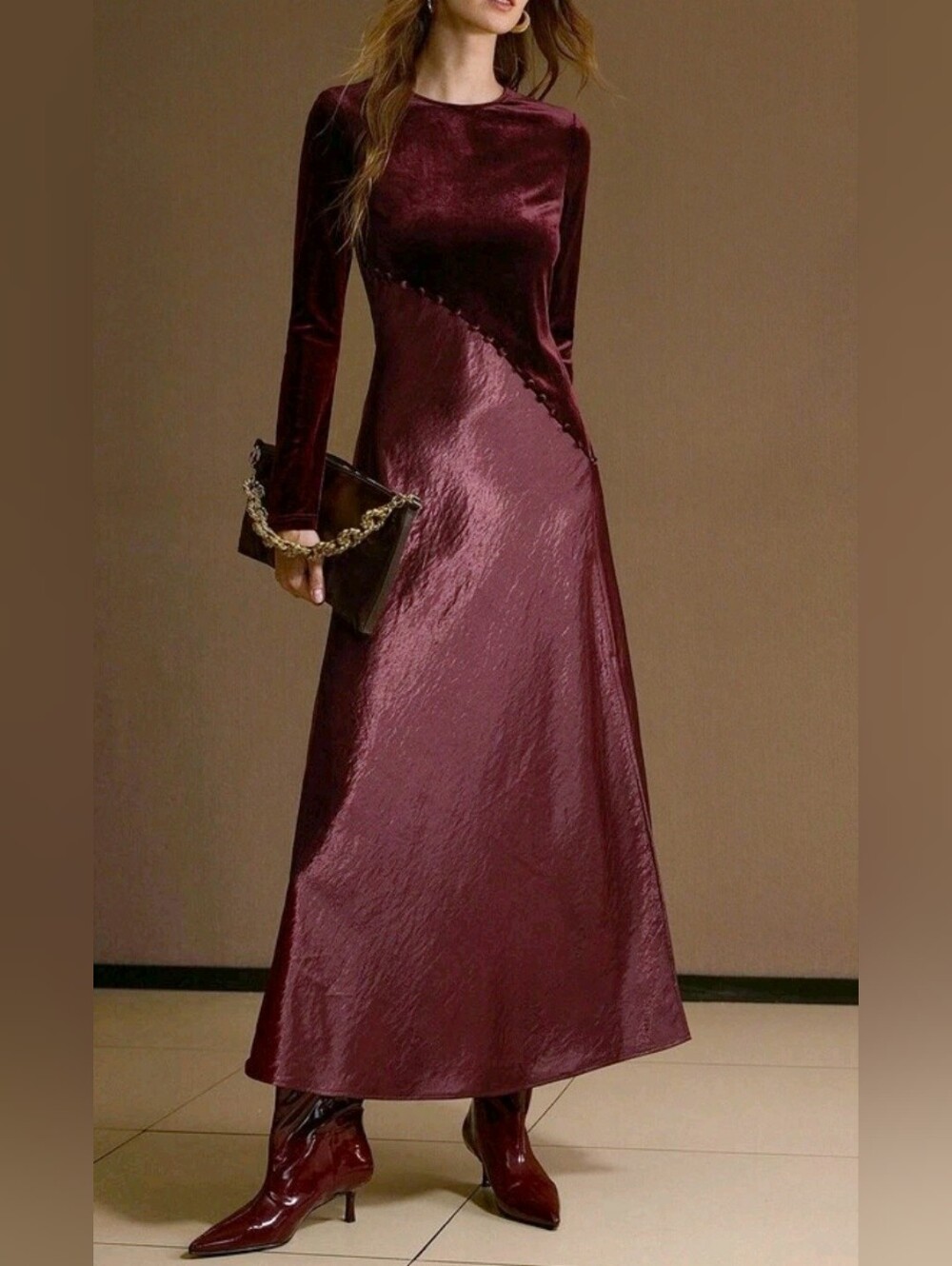 New Velvet Satin Maxi Dress Long Sleeve Button Trim Burgundy Red